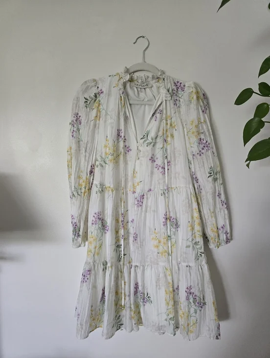 TAYLOR size Small Ivory Floral Spring Long Sleeves Unlined Dress - Picture 2 of 9